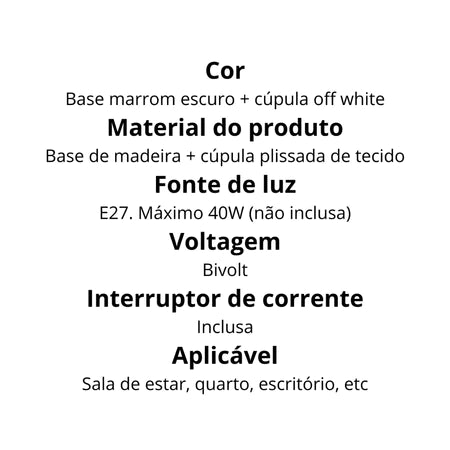Abajur Luminária De Mesa Nogueira Plissado De Madeira Maciça Cabeceira Quarto Sala Estudo Leitura