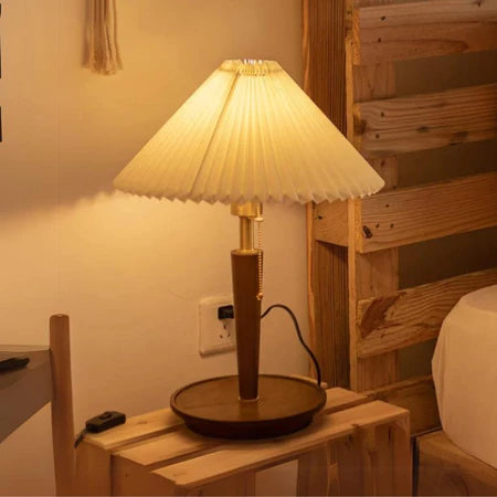 Abajur Luminária De Mesa Nogueira Plissado De Madeira Maciça Cabeceira Quarto Sala Estudo Leitura