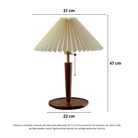 Abajur Luminária De Mesa Nogueira Plissado De Madeira Maciça Cabeceira Quarto Sala Estudo Leitura