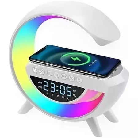 Caixa de Som G-Speaker Carregador Indução Smart Station 4 em 1 com Luminária RGB LED, Relógio Digital e Bluetooth