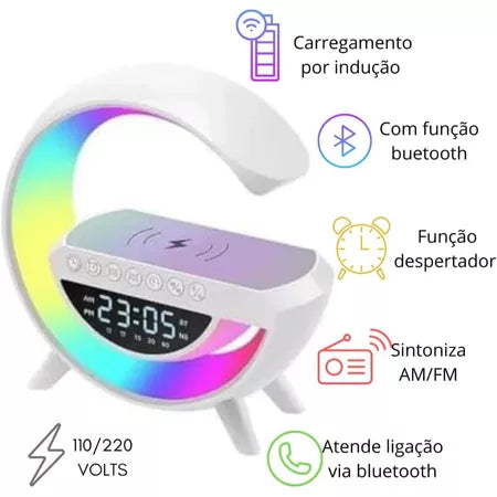 Caixa de Som G-Speaker Carregador Indução Smart Station 4 em 1 com Luminária RGB LED, Relógio Digital e Bluetooth
