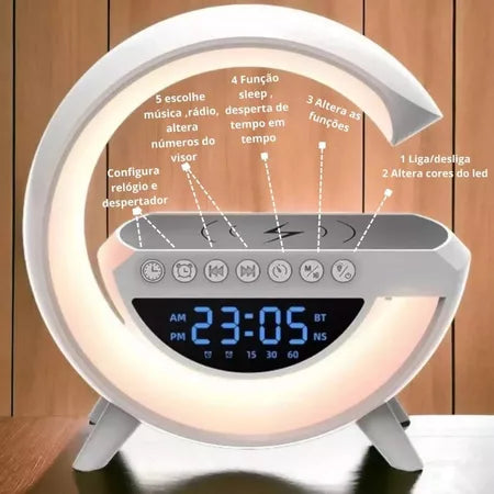Caixa de Som G-Speaker Carregador Indução Smart Station 4 em 1 com Luminária RGB LED, Relógio Digital e Bluetooth
