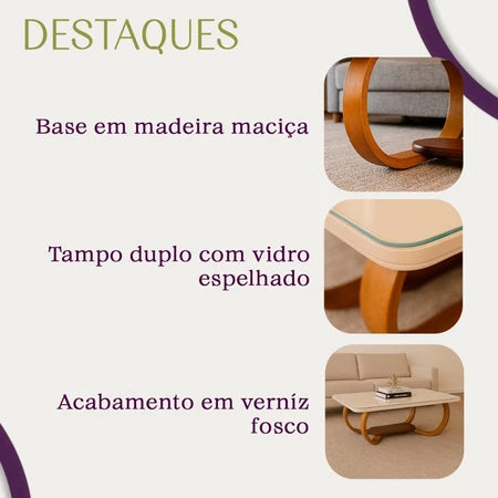 Mesa De Centro Grande Retangular Com Tampo De Vidro Laqueado