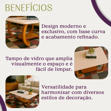 Mesa De Centro Grande Retangular Com Tampo De Vidro Laqueado