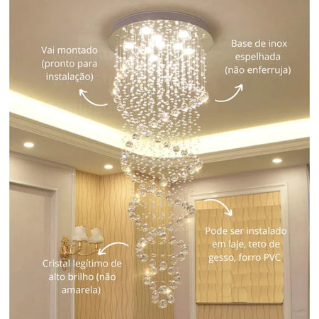 Lustre De Cristal Verdadeiro Espiral Duplo Pé Direito Alto
