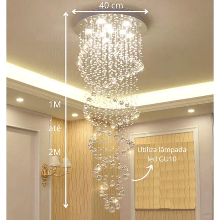 Lustre De Cristal Verdadeiro Espiral Duplo Pé Direito Alto