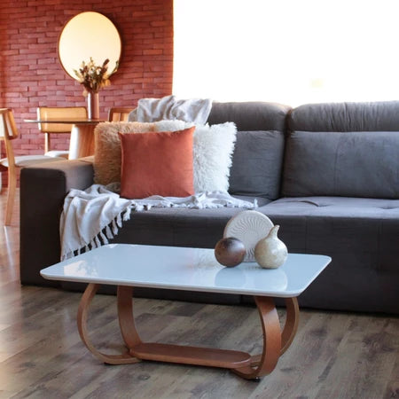 Mesa De Centro Grande Retangular Com Tampo De Vidro Laqueado