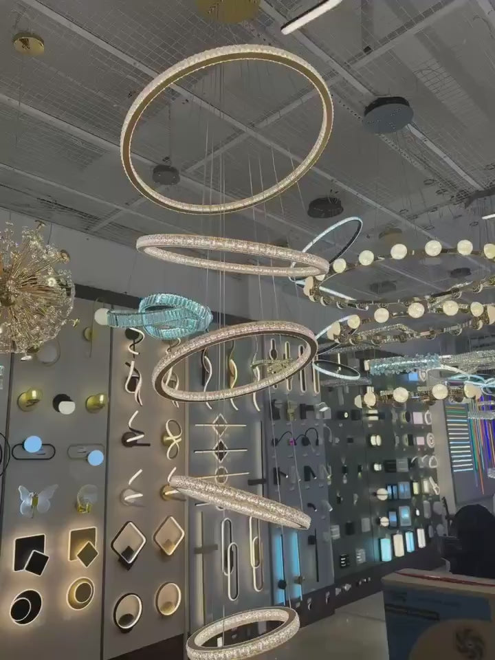 Lustre Pendente 5 Anéis LED 96W Dourado Duplo VL(808/5) Bivolt 3CORES branco firo branco quente branco neutro BR