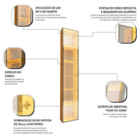 Cristaleira 1 Porta Reflecta com Fita Led com Espelho Luminare 100% Mdf Naturale