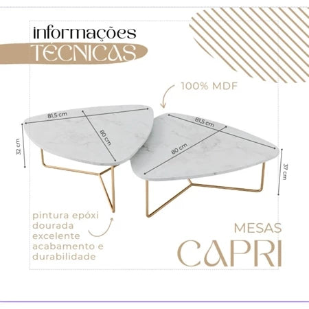 Kit 2 Mesas De Centro Para Sala Design Orgânico Dourada Capri