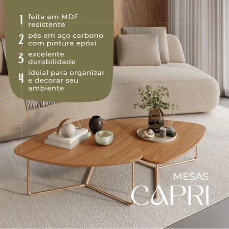Kit 2 Mesas De Centro Para Sala Design Orgânico Dourada Capri