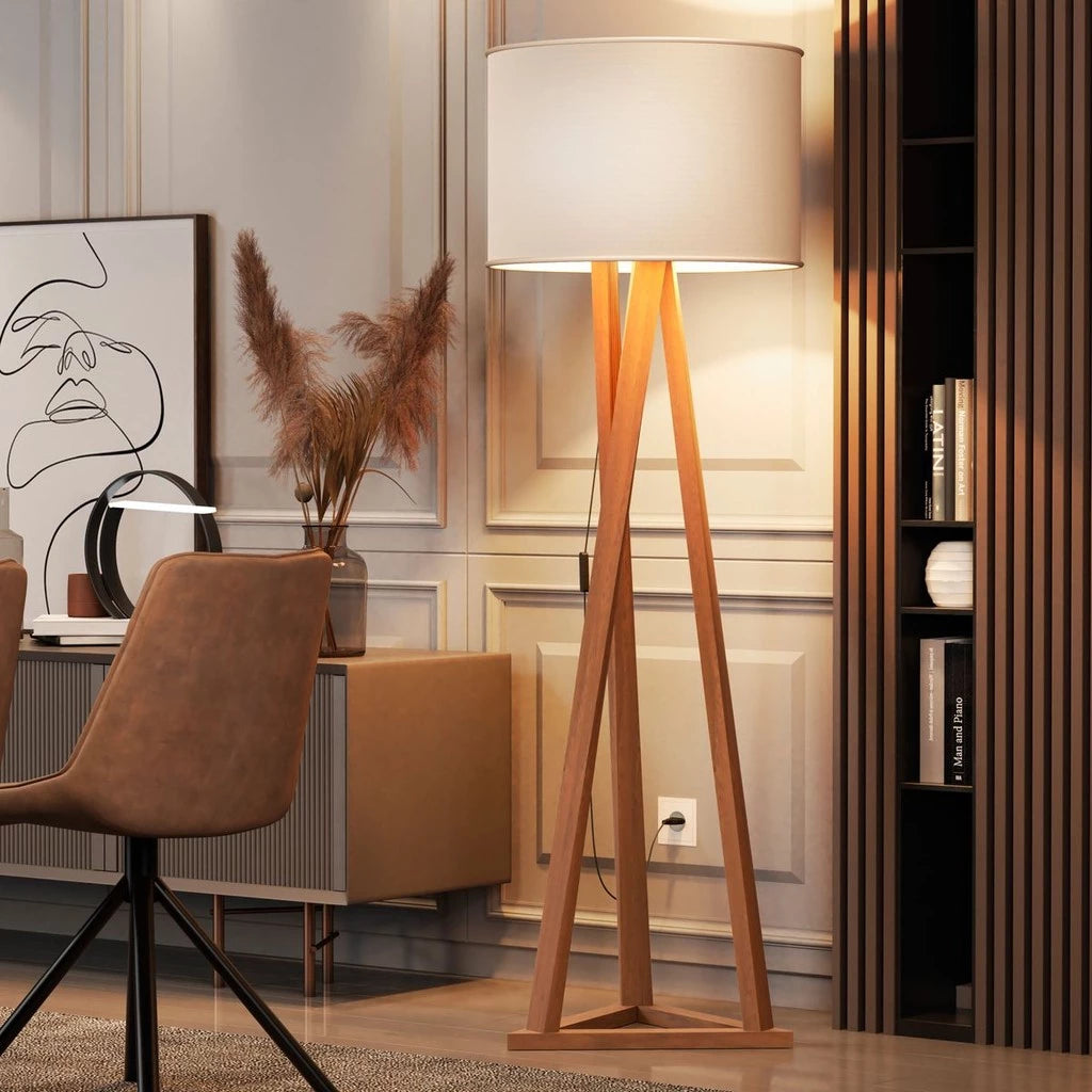 Luminária de Chão Tripé em Madeira Cúpula Abajur Sala Quarto Escritório Moderna Elegante Decorativa
