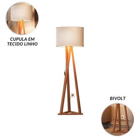 Luminária de Chão Tripé em Madeira Cúpula Abajur Sala Quarto Escritório Moderna Elegante Decorativa